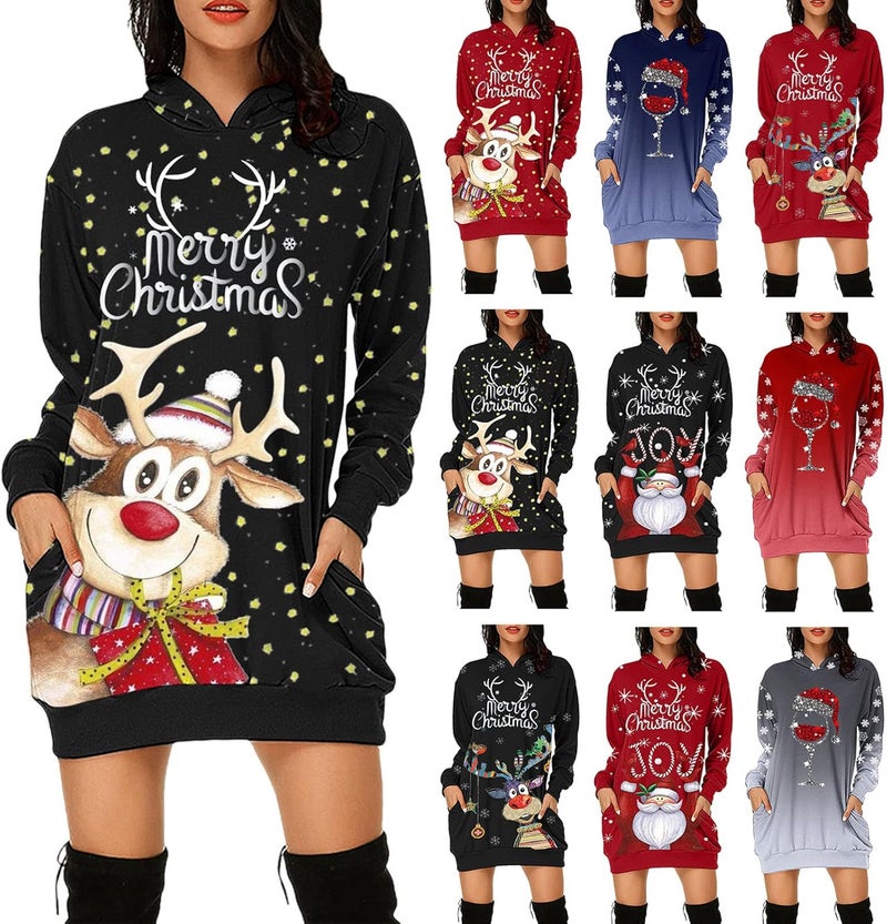 woobles Hoodie Dress, Womens Hoodie Dress Christmas Pattern Print Polyester Casual for Shopping - Image 1